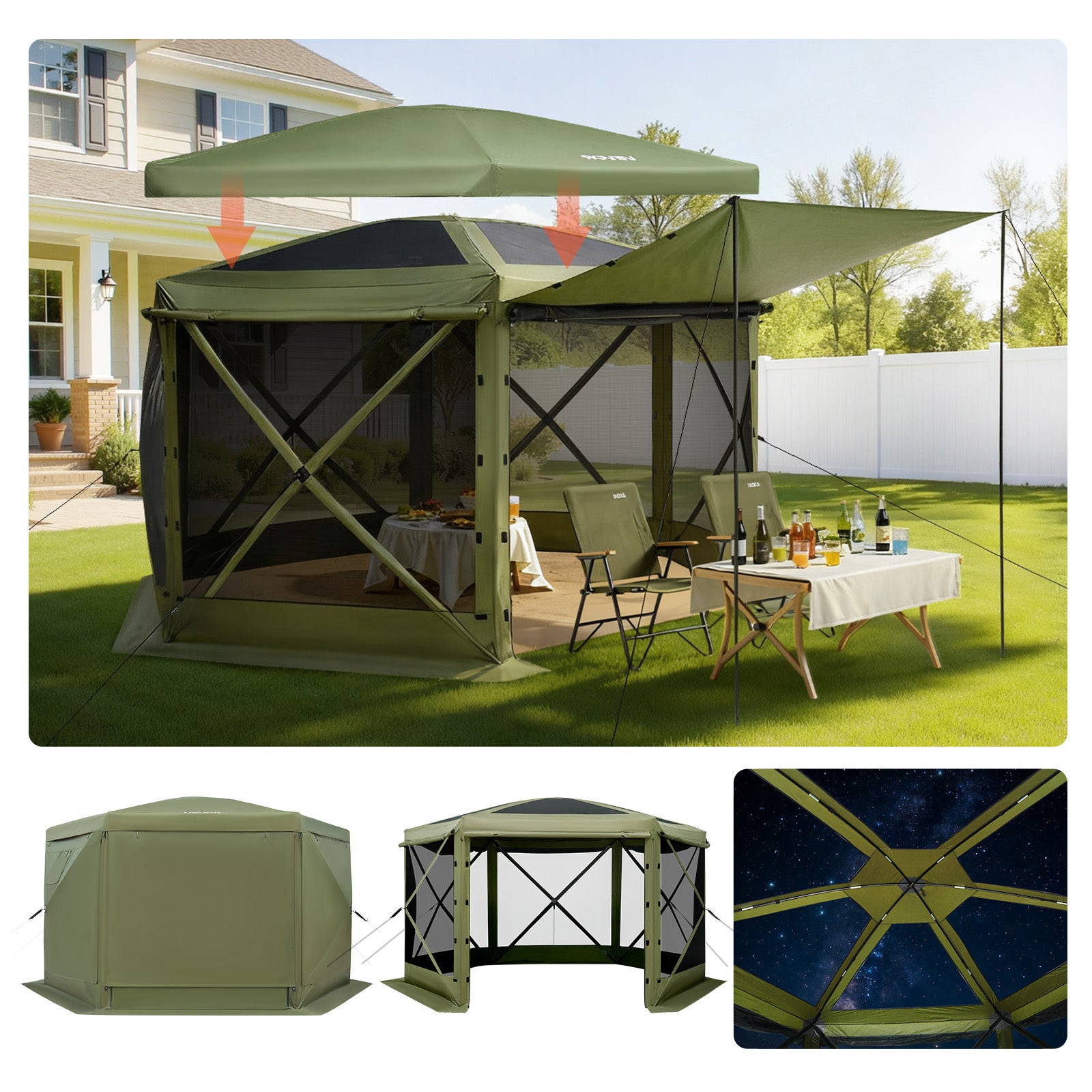 gazebo-per-campeggio-726ghb-1.jpg Gazebo pieghevole pop up VEVOR 3 x 3 m, 6 8 persone, 6 lati con tetto rimovibile, borsa per il trasporto, per campeggio in famiglia, giardino, verde | Leroy Merlin - immagine 1