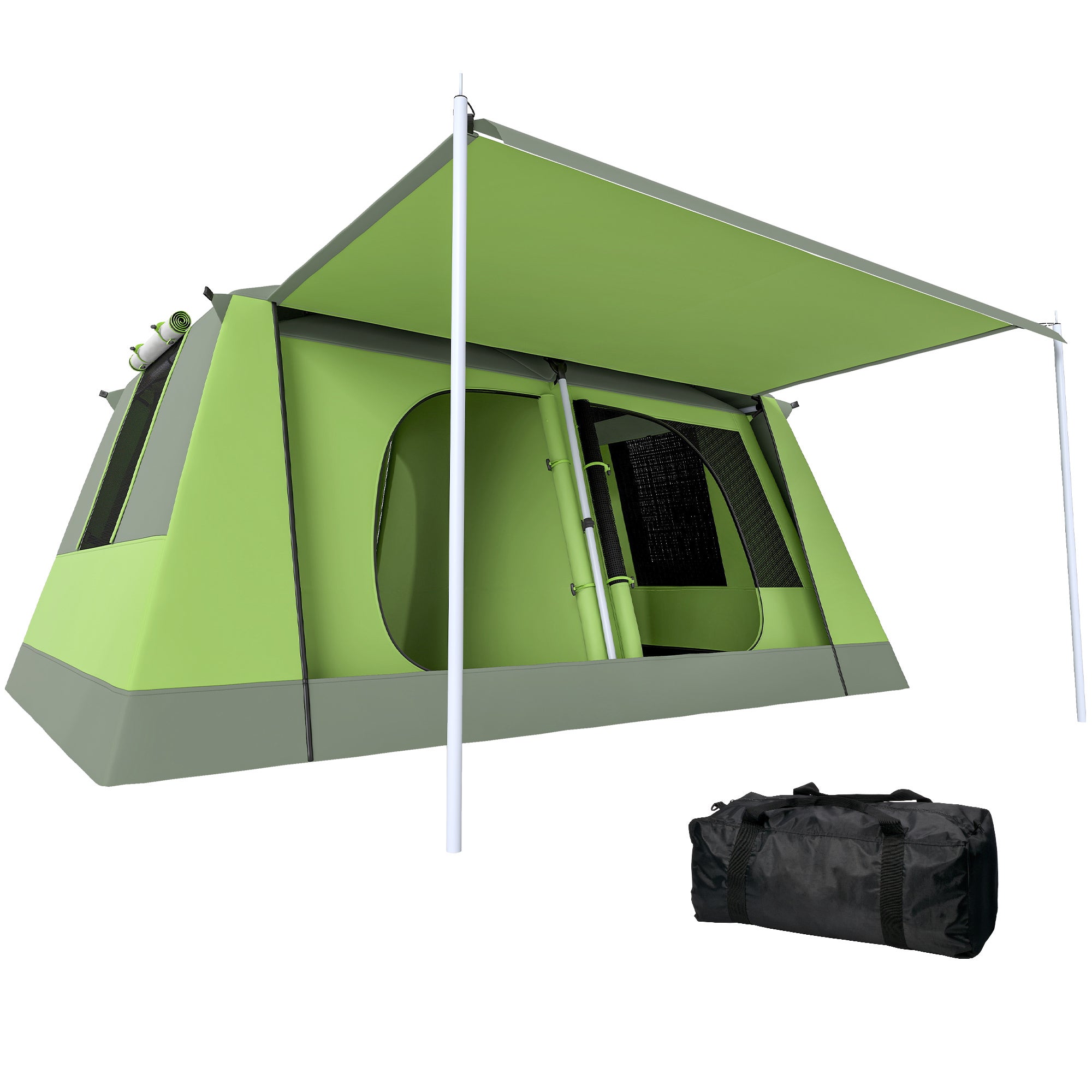 tenda-da-campeggio-4-posti-805bzl-1.jpg Tenda da campeggio per 4 persone con zanzariera, gancio e borsa per il trasporto, resistente ai raggi UV, 405 x 305 x 225 cm, verde. - immagine 1