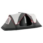 Tenda da campeggio 6 posti con 2 stanze separate, poliestere e fibra di vetro, 450x215x180 cm, grigio.