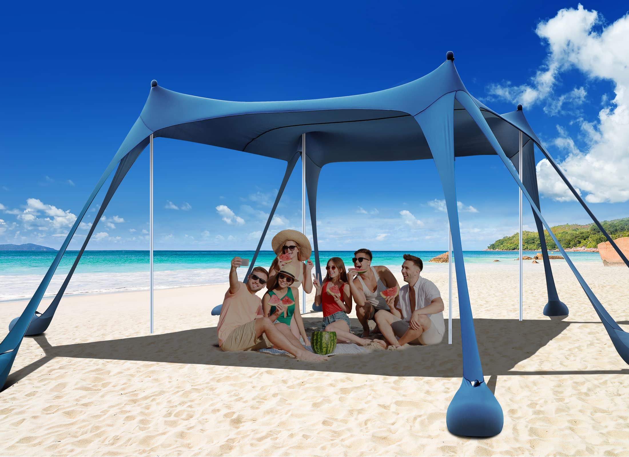 tenda-mare-640bdt-1.jpg Osoeri Tenda da spiaggia, parasole da campeggio UPF50+ con 8 sacchi di sabbia, pala per sabbia, picchetti e pali di stabilità, baldacchino da spiaggia per campeggio, pesca, divertimento in cortile o : - immagine 1