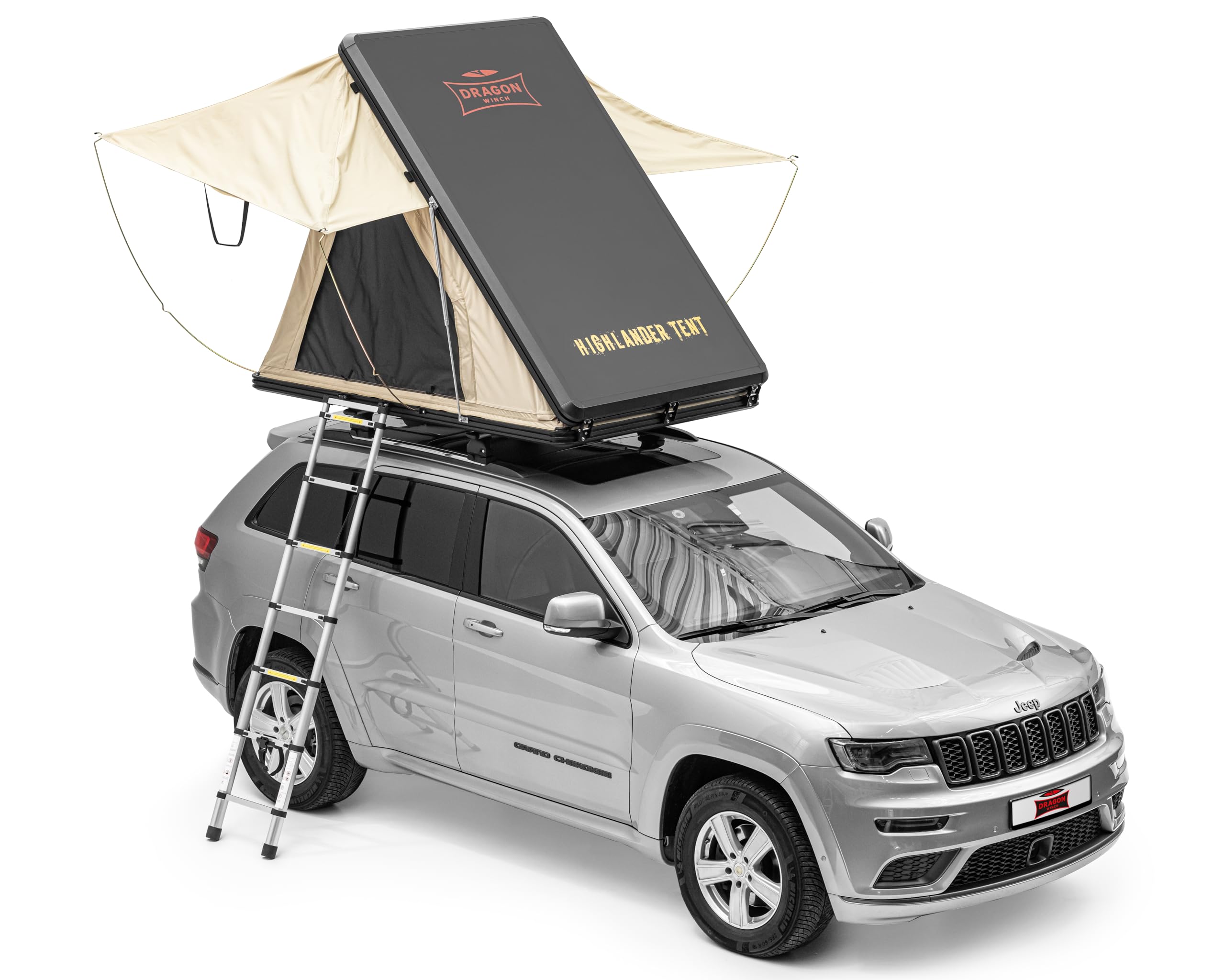 tenda-sopra-auto-058bpv-1.jpg Dragon Winch Tenda da Tetto per Auto, in alluminio, per 2 persone, con materasso, scala telescopica, tasche per accessori, zanzariere + LED tenda da campeggio comoda, spaziosa e mobile | impermeabile : - immagine 1